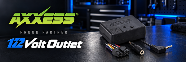 Axxess interface and connectors with green Axxess and 12 Volt Outlet proud partner branding