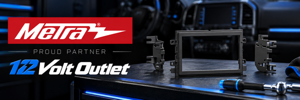 Metra radio-installation trim frame and brackets with 12 Volt Outlet proud partner branding