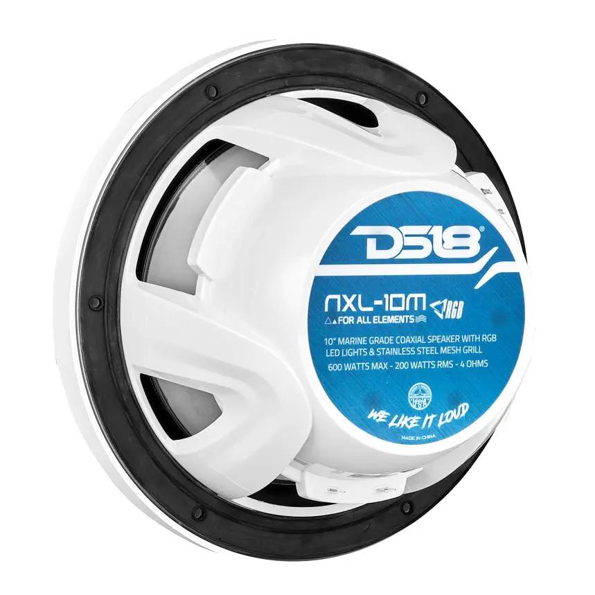 Rear-angle view of a white DS18 NXL-10M speaker showing its blue magnet label and open basket