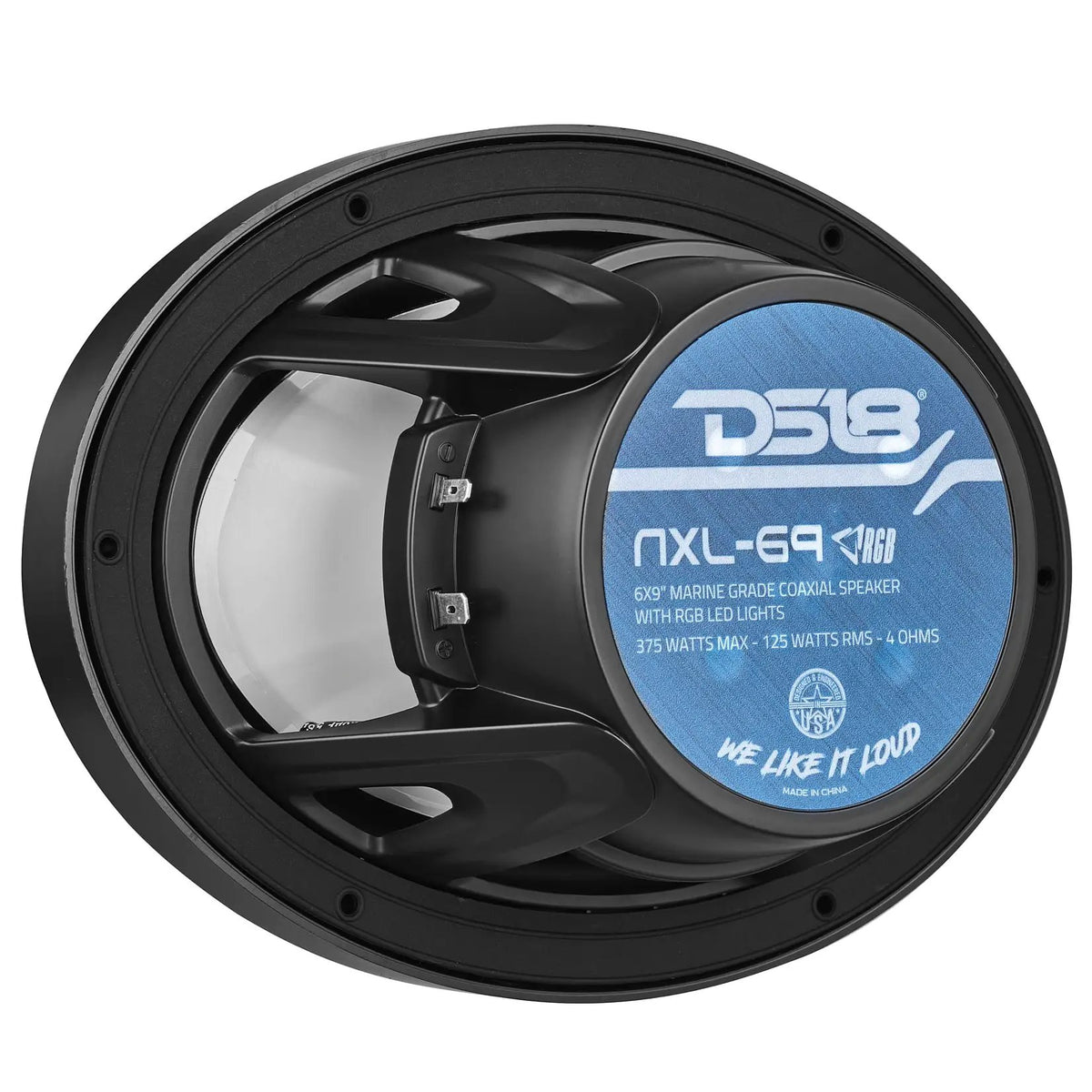 Rear view of a black DS18 NXL-69 speaker showing its basket, terminals and 125W RMS, 4-ohm label