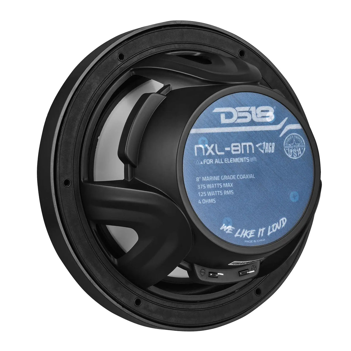 Rear angled view of a black DS18 NXL-8M speaker showing its 125W RMS, 4-ohm label and terminals