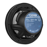 Rear angled view of a black DS18 NXL-8M speaker showing its 125W RMS, 4-ohm label and terminals