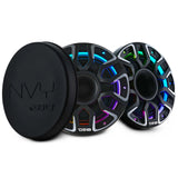 Two black DS18 speakers with multicolor grille lighting and a round NVY protective cover