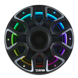 Front view of a black DS18 marine speaker with silver-edged grille spokes and multicolor lighting