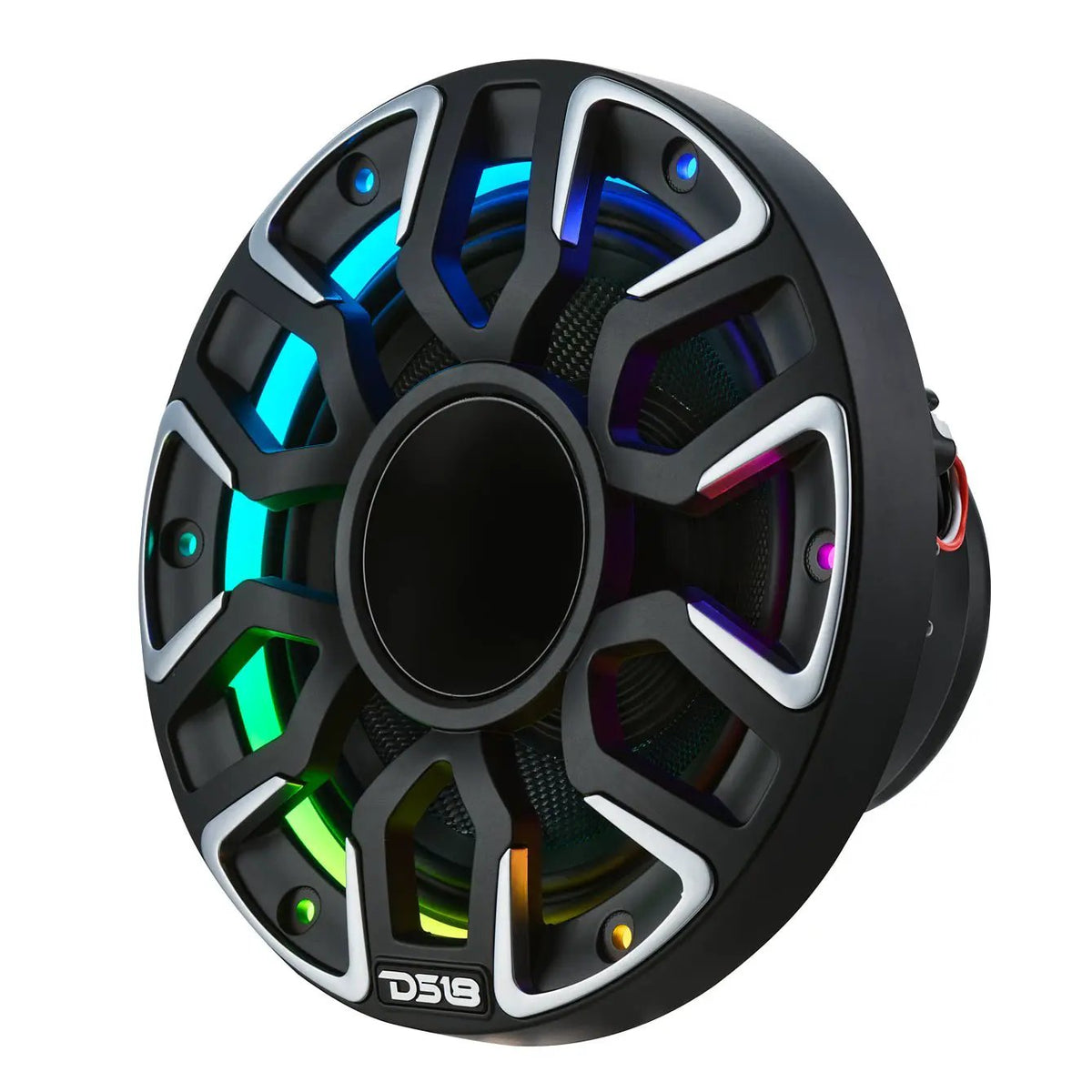 Angled view of a black DS18 marine speaker showing silver-edged grille spokes and multicolor lighting