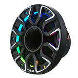 Angled view of a black DS18 marine speaker showing silver-edged grille spokes and multicolor lighting