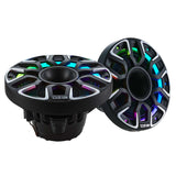 Two black DS18 speakers shown upright and at an angle, with central horns and multicolored illuminated grilles