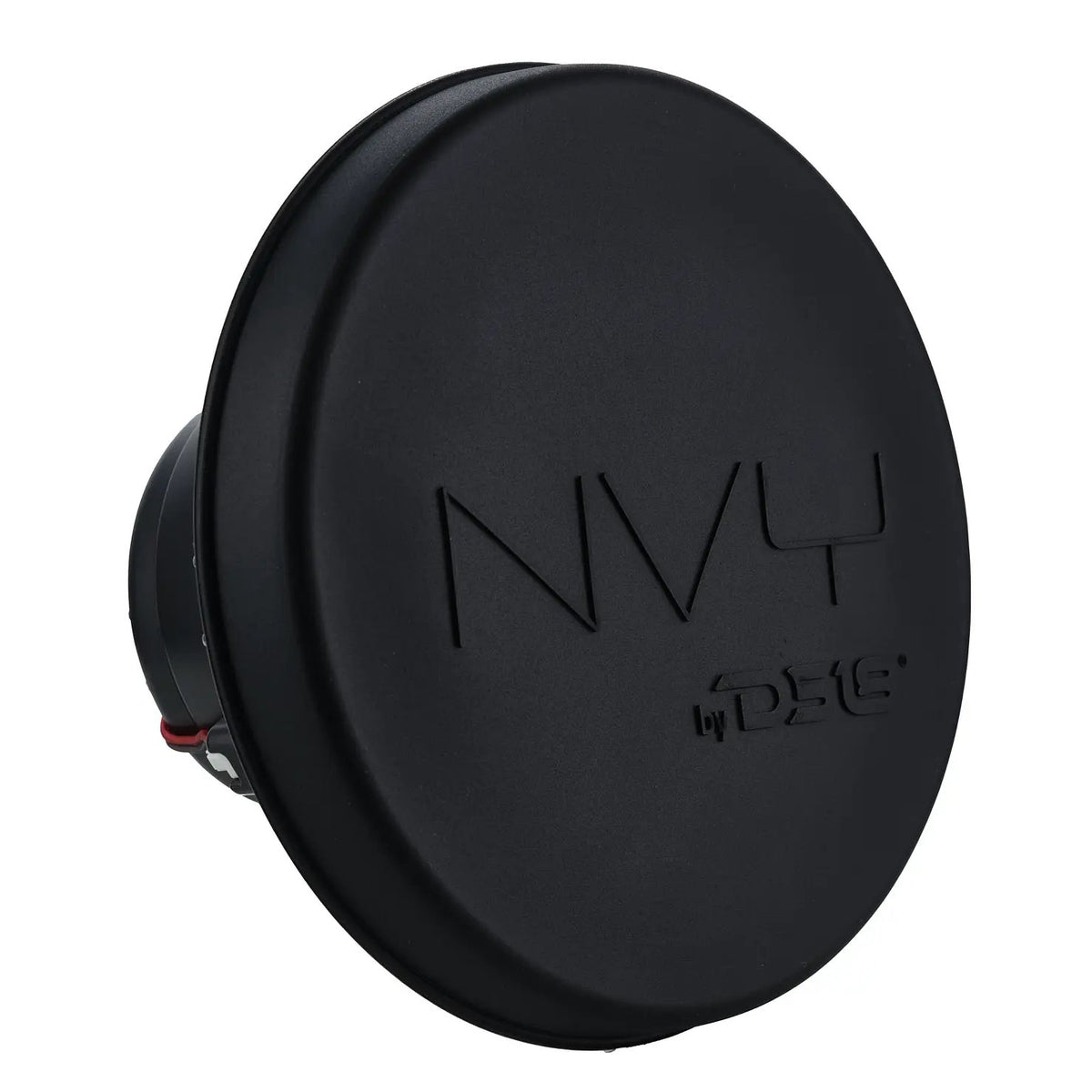 Black DS18 speaker with its round NVY protective cover fitted over the front