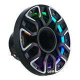 Black DS18 speaker with illuminated grille accents, angled front view