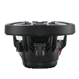 Side profile of a black speaker showing its raised grille, open basket and wiring terminals