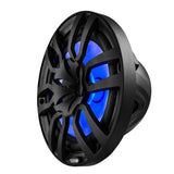 Angled front of a black DS18 marine speaker with blue illumination behind its spoke grille