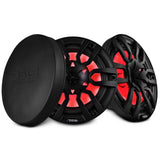 Two black DS18 speakers with broad multi-spoke grilles, red illumination and a protective cover