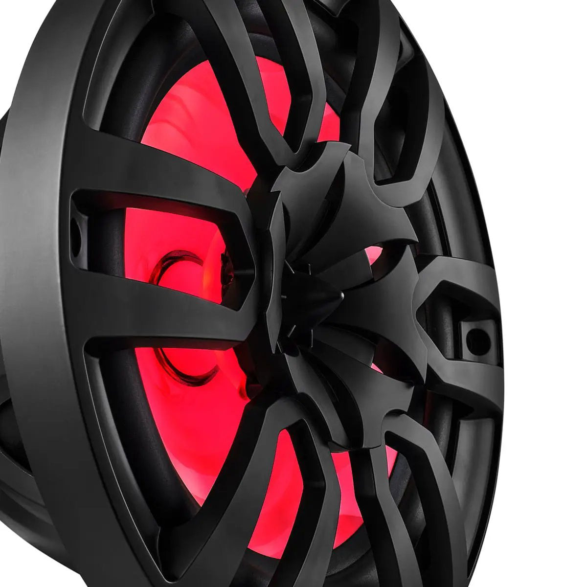 Close-up of a black speaker's grille and central tweeter with red lighting
