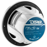 Rear angled view of a white DS18 NXL-10 speaker showing its 200W RMS, 4-ohm label