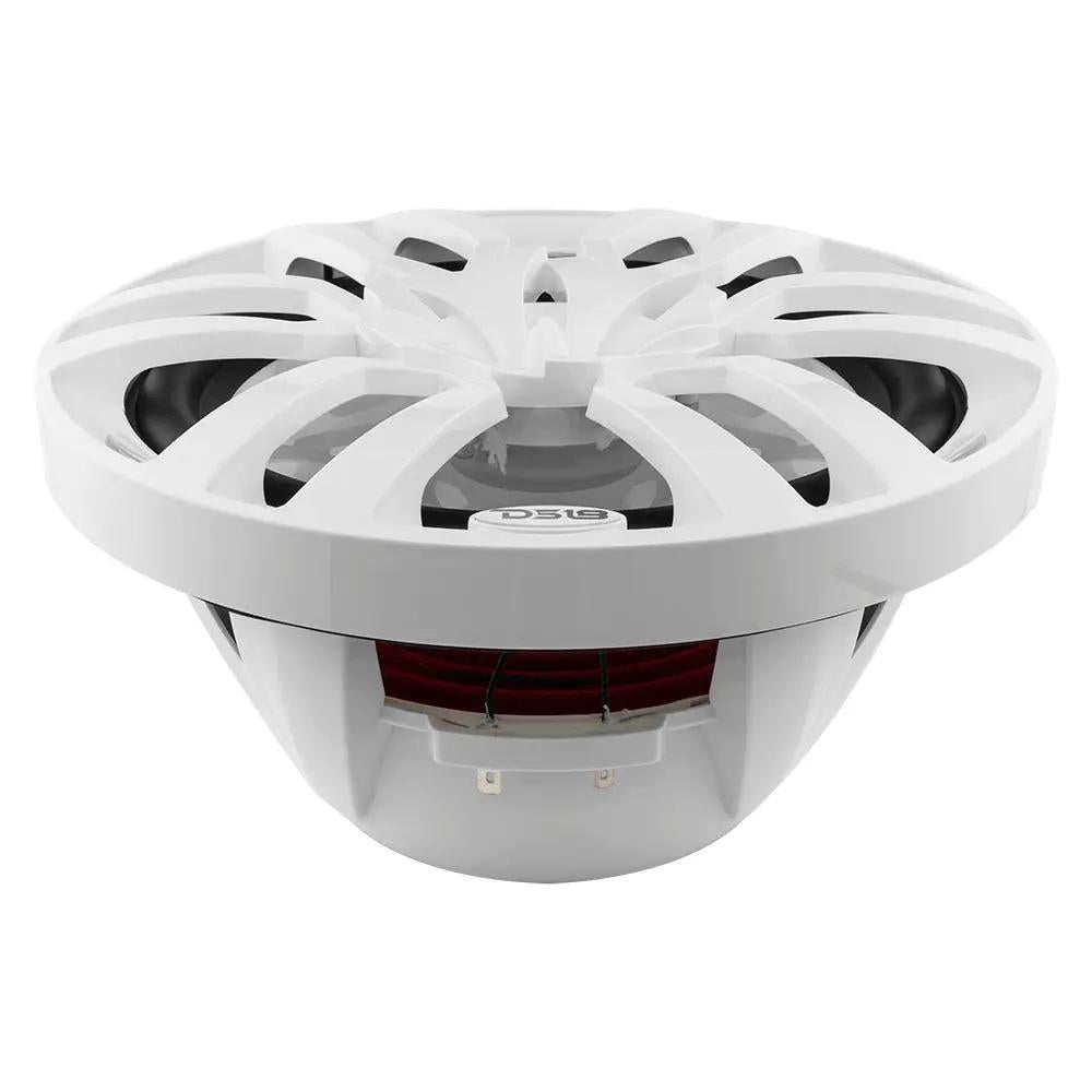 Low front view of a white DS18 speaker showing its basket, red suspension and wiring terminals