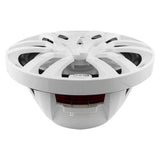 Low front view of a white DS18 speaker showing its basket, red suspension and wiring terminals
