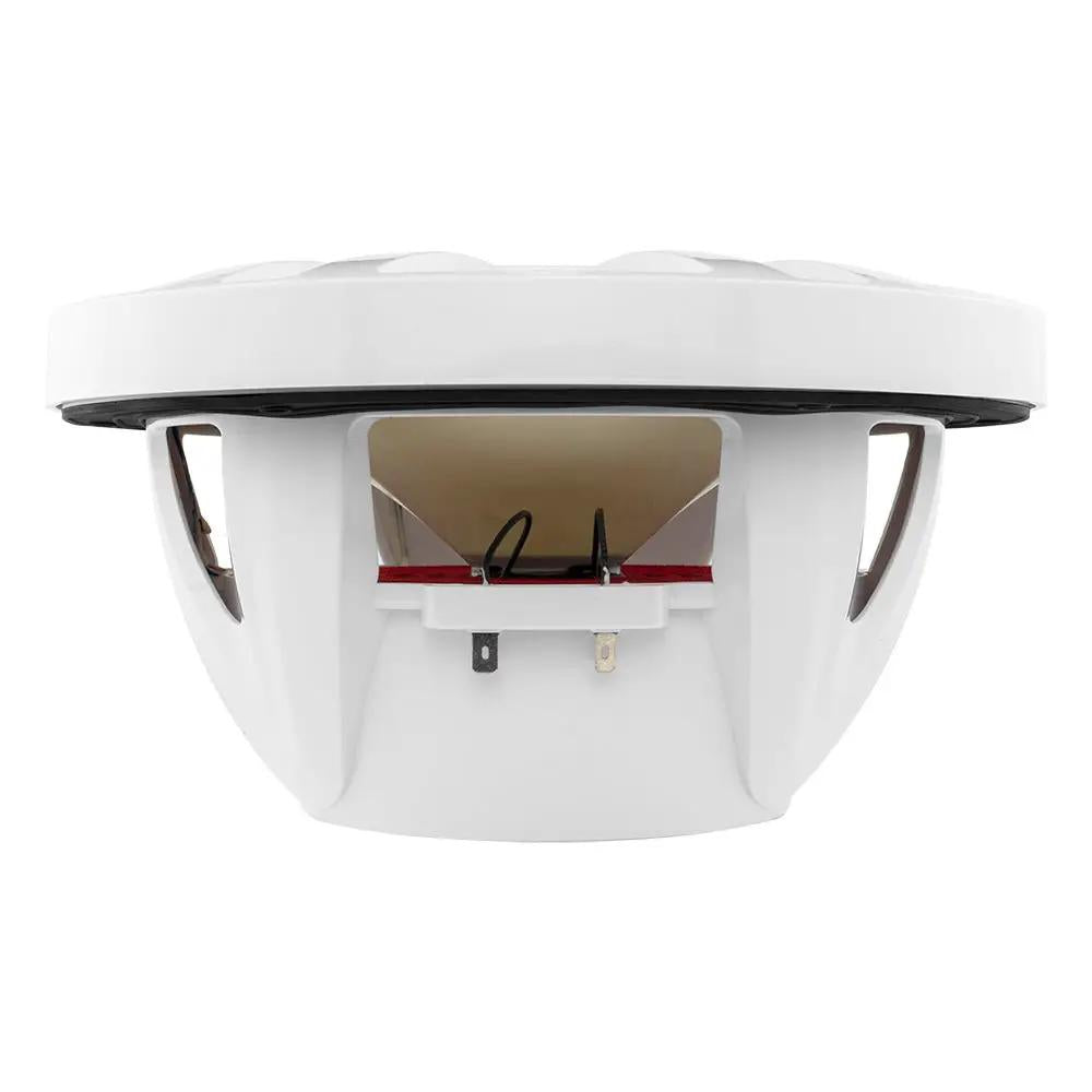 Side view of a white DS18 speaker showing its open basket, cone and terminals