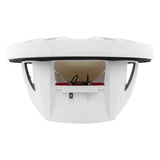 Side view of a white DS18 speaker showing its open basket, cone and terminals