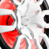 Close-up of a white speaker's central tweeter and grille with red lighting behind the cone