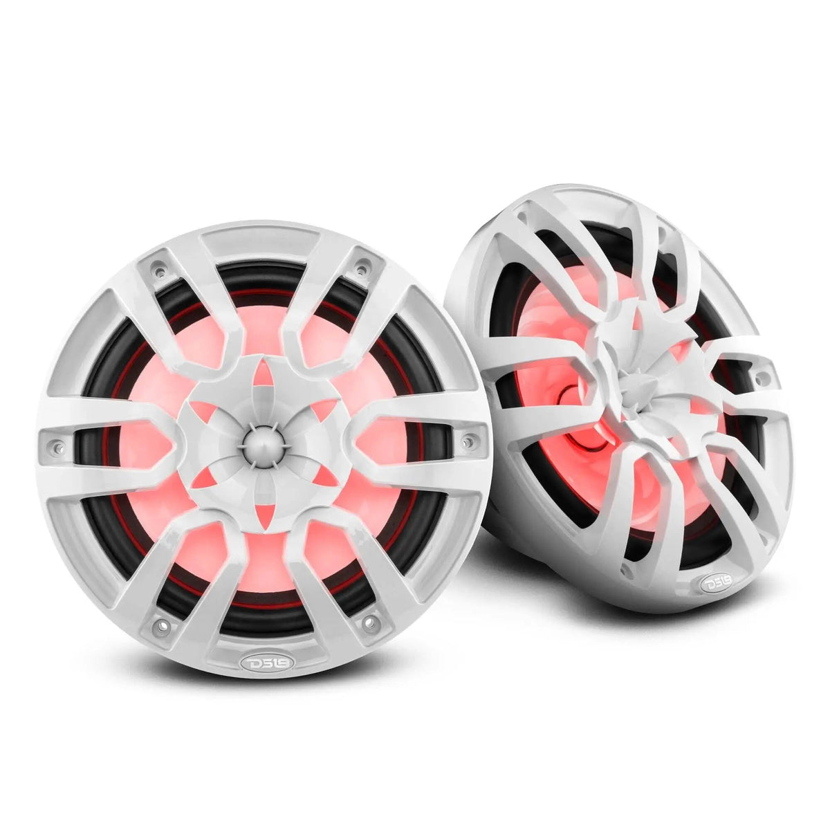 Two white DS18 speakers shown from front angles with red lighting behind the grilles