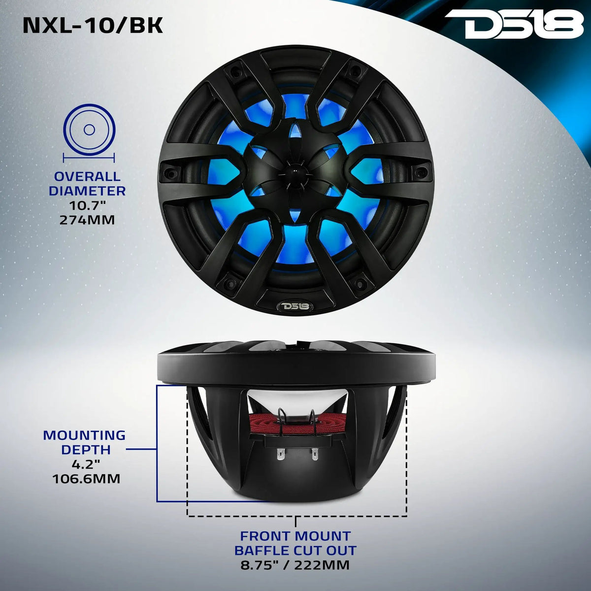 DS18 NXL-10/BK dimension graphic: 274 mm overall diameter, 106.6 mm mounting depth and 222 mm cutout