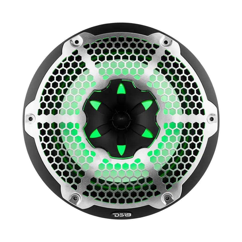 Front of a black DS18 marine speaker with silver honeycomb grille and green illumination