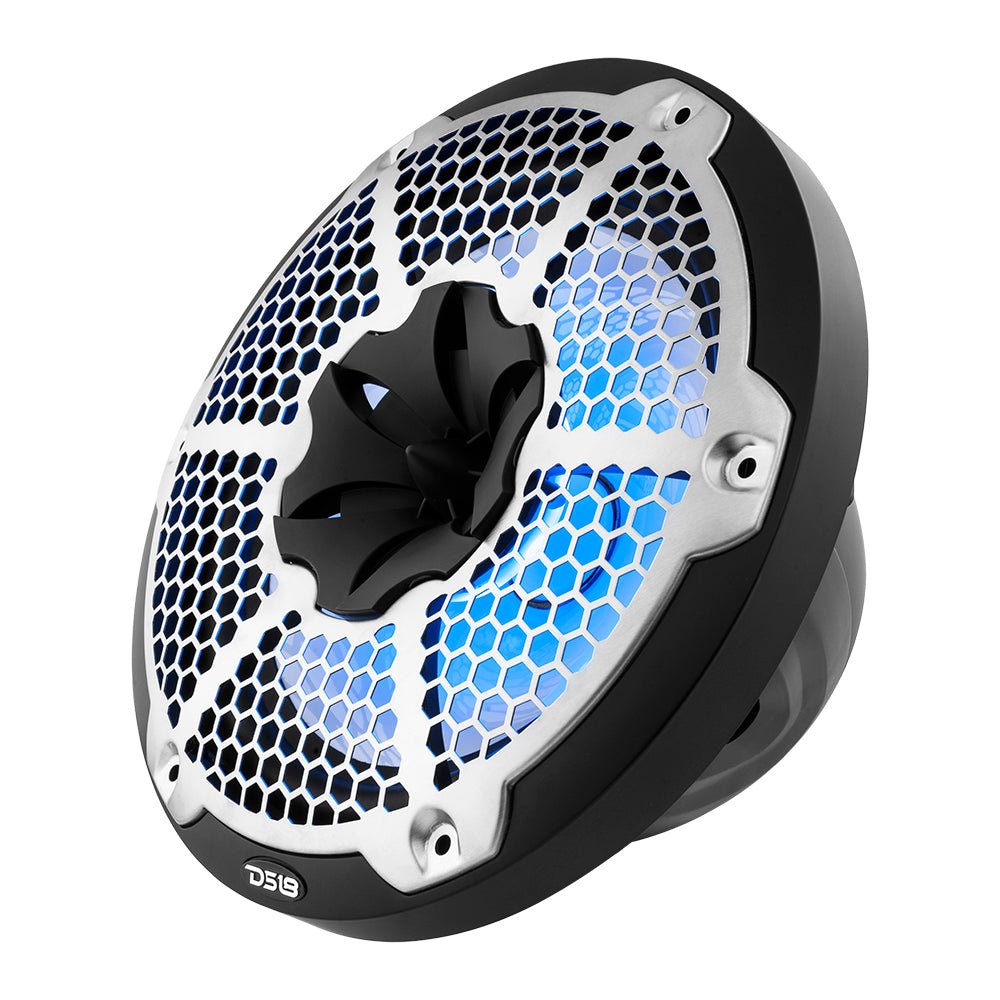 Angled front view of a black DS18 speaker with a silver honeycomb grille, central tweeter and blue-cyan lighting.