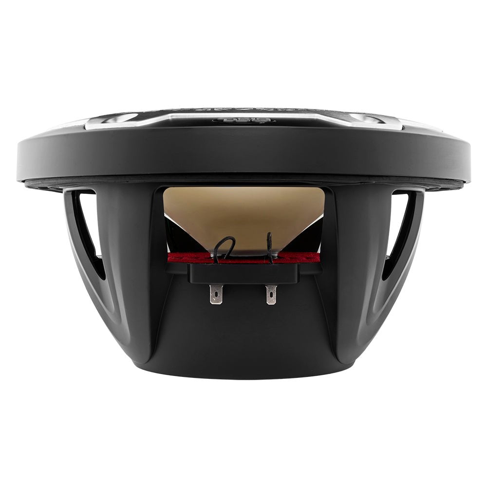 Side view of a black speaker showing its basket, pale cone, red suspension and connection terminals beneath the grille.