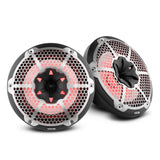 Pair of black DS18 speakers with silver honeycomb grilles and red illumination