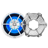 White DS18 speaker with blue illumination shown beside its detached silver honeycomb grille.