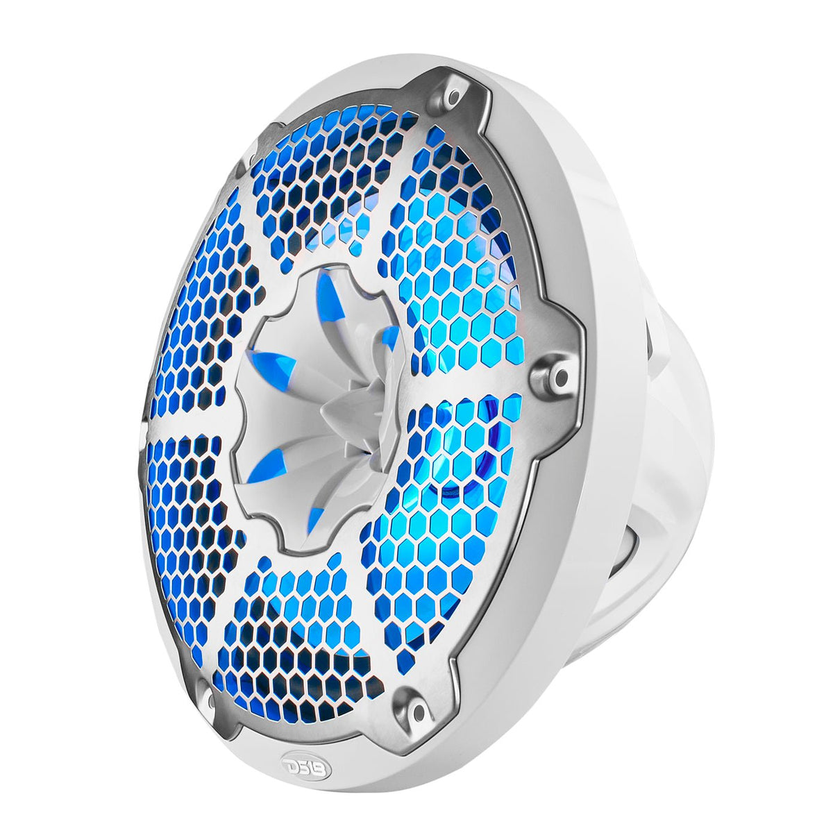 Angled view of a white DS18 speaker with a silver honeycomb grille, sculpted central tweeter and blue lighting.