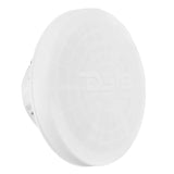Angled view of a white speaker with a smooth DS18 protective cover fitted over the front.