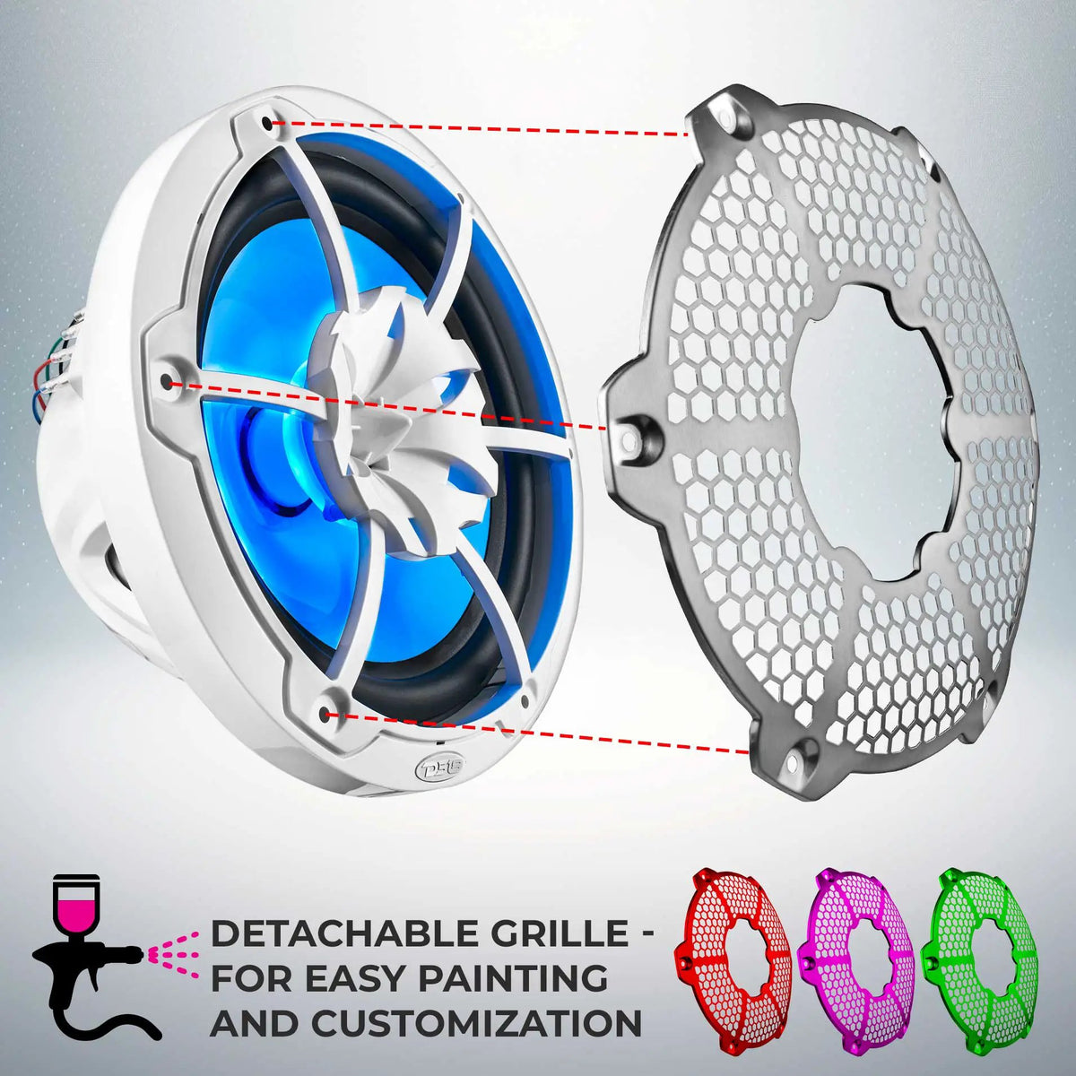 DS18 speaker graphic showing a detachable honeycomb grille for painting and customization, with red, purple and green examples.