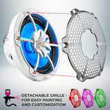 DS18 speaker graphic showing a detachable honeycomb grille for painting and customization, with red, purple and green examples.