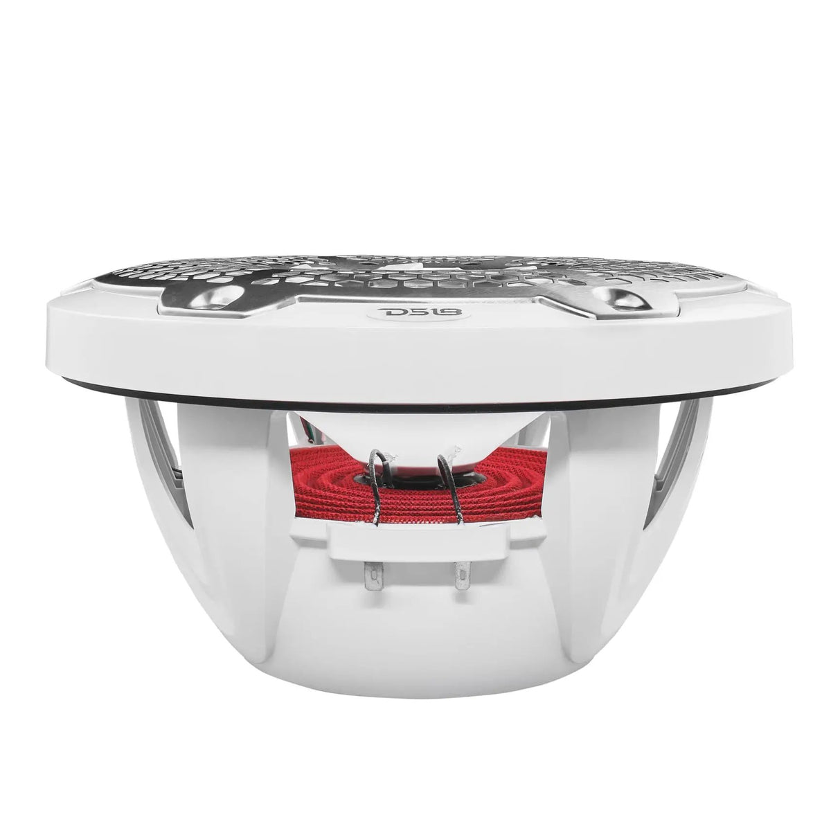 Side profile of a white speaker showing its open basket, red suspension and terminals beneath the silver grille.