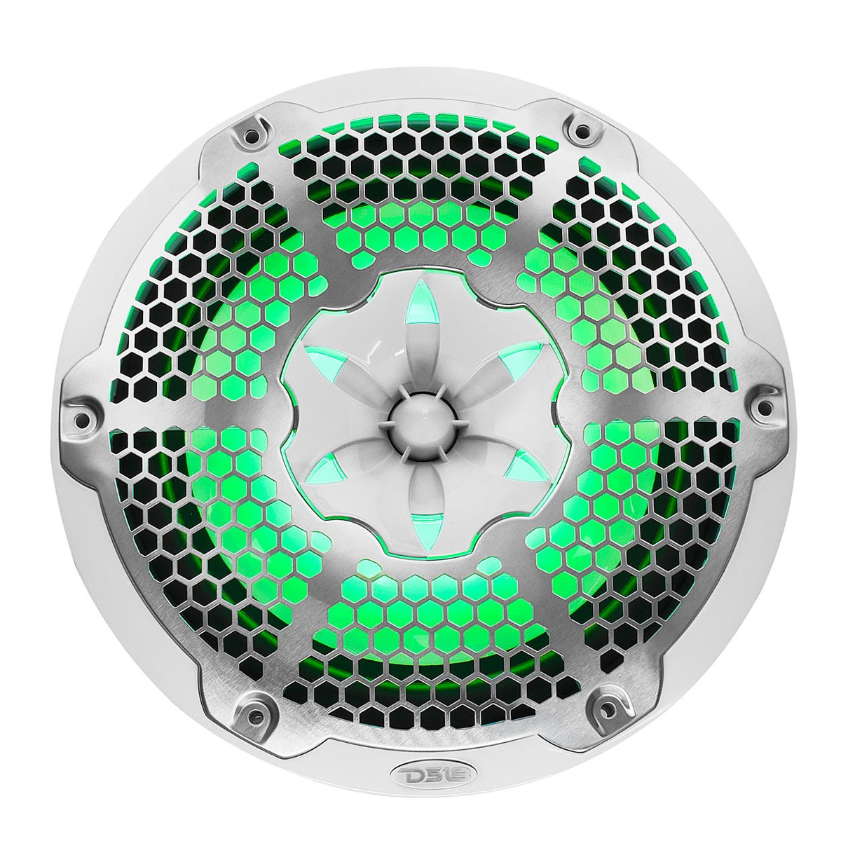 White DS18 speaker with a silver honeycomb grille and green illumination, front view
