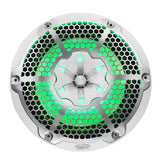 White DS18 speaker with a silver honeycomb grille and green illumination, front view