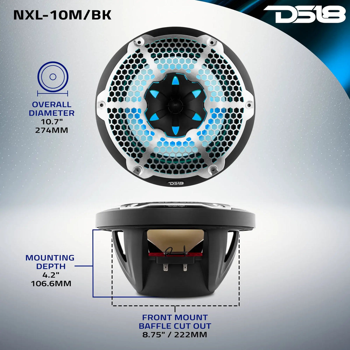 DS18 NXL-10M/BK dimension graphic showing 274 mm overall diameter, 222 mm baffle cutout and 106.6 mm mounting depth.