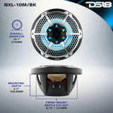 DS18 NXL-10M/BK dimension graphic showing 274 mm overall diameter, 222 mm baffle cutout and 106.6 mm mounting depth.