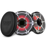 Two black DS18 speakers with silver honeycomb grilles and red lighting beside a protective cover