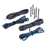 Coiled black and multicolor speaker leads with connectors and six mounting screws