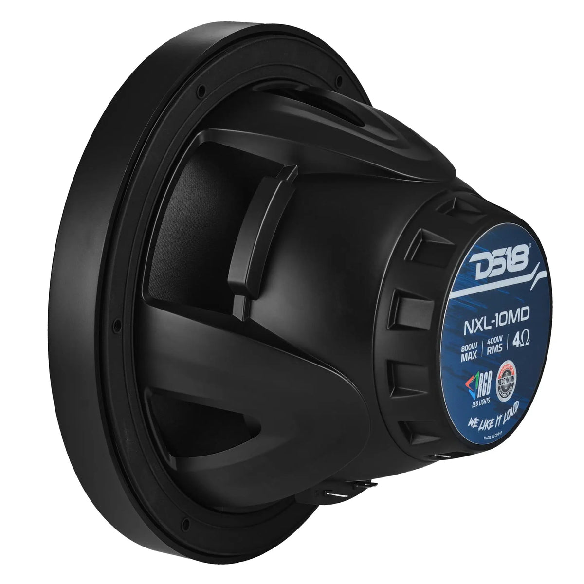 Rear angled view of a black DS18 NXL-10MD speaker showing its 400W RMS, 4-ohm label