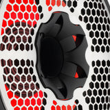 Close-up of a black DS18 speaker's central tweeter and silver honeycomb grille with red illumination