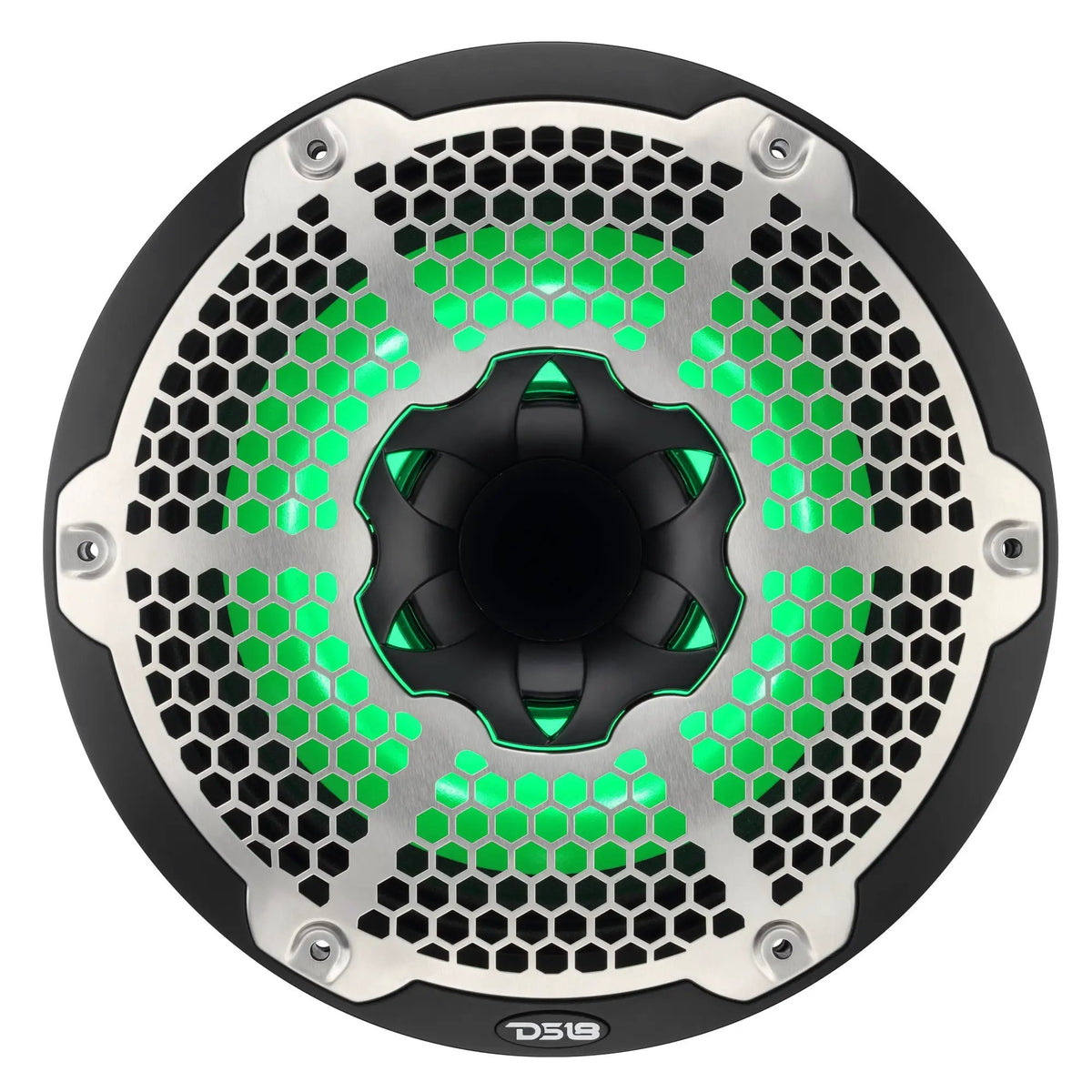 Black DS18 speaker with a silver honeycomb grille and green illumination, front view