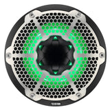 Black DS18 speaker with a silver honeycomb grille and green illumination, front view