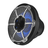 Angled front view of a black DS18 speaker with a central horn opening, silver honeycomb grille and blue lighting