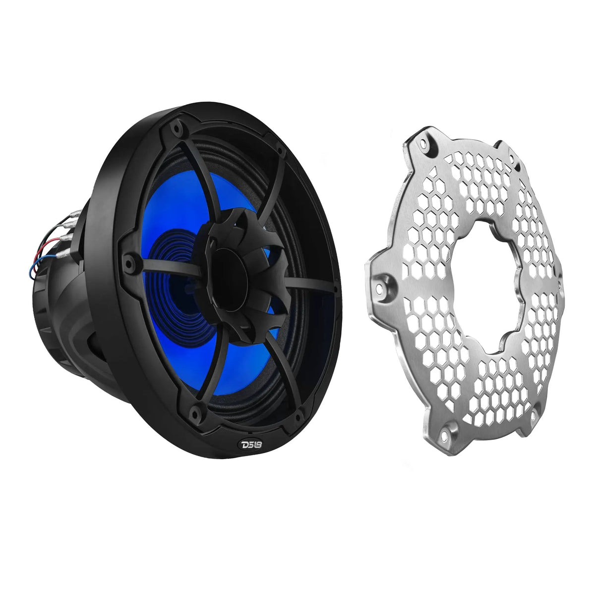 Blue-lit black DS18 speaker beside its detached silver honeycomb grille