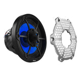 Blue-lit black DS18 speaker beside its detached silver honeycomb grille