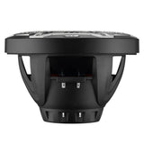 Black speaker with an open basket and terminals, side view