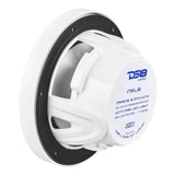 Rear angled view of a white DS18 NXL6 speaker showing its model label, basket and terminals